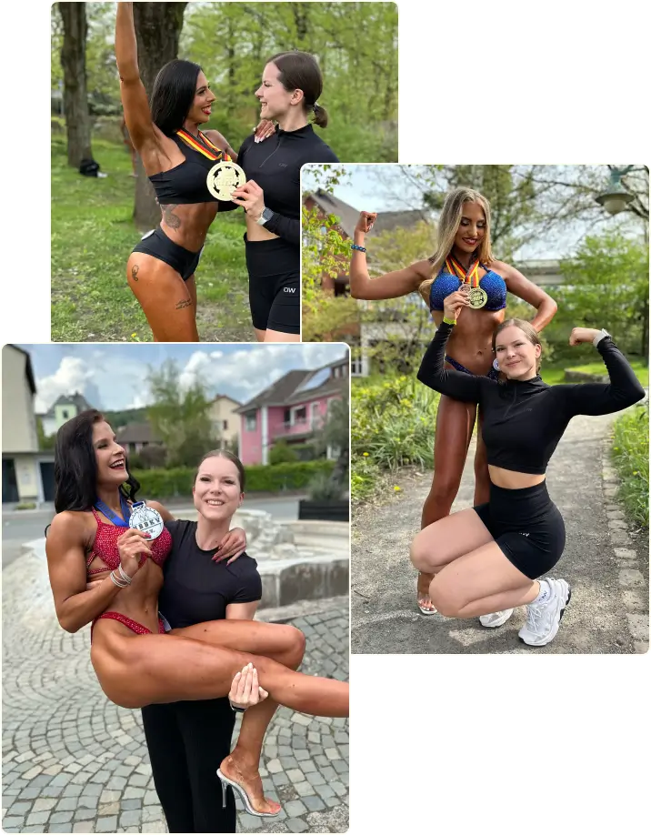 Eine Collage mehrerer erfolgreicher Athletinnen aus Jasmins Coaching. Sie halten grlücklich Preise und Auszeichnungen in die Kamera.