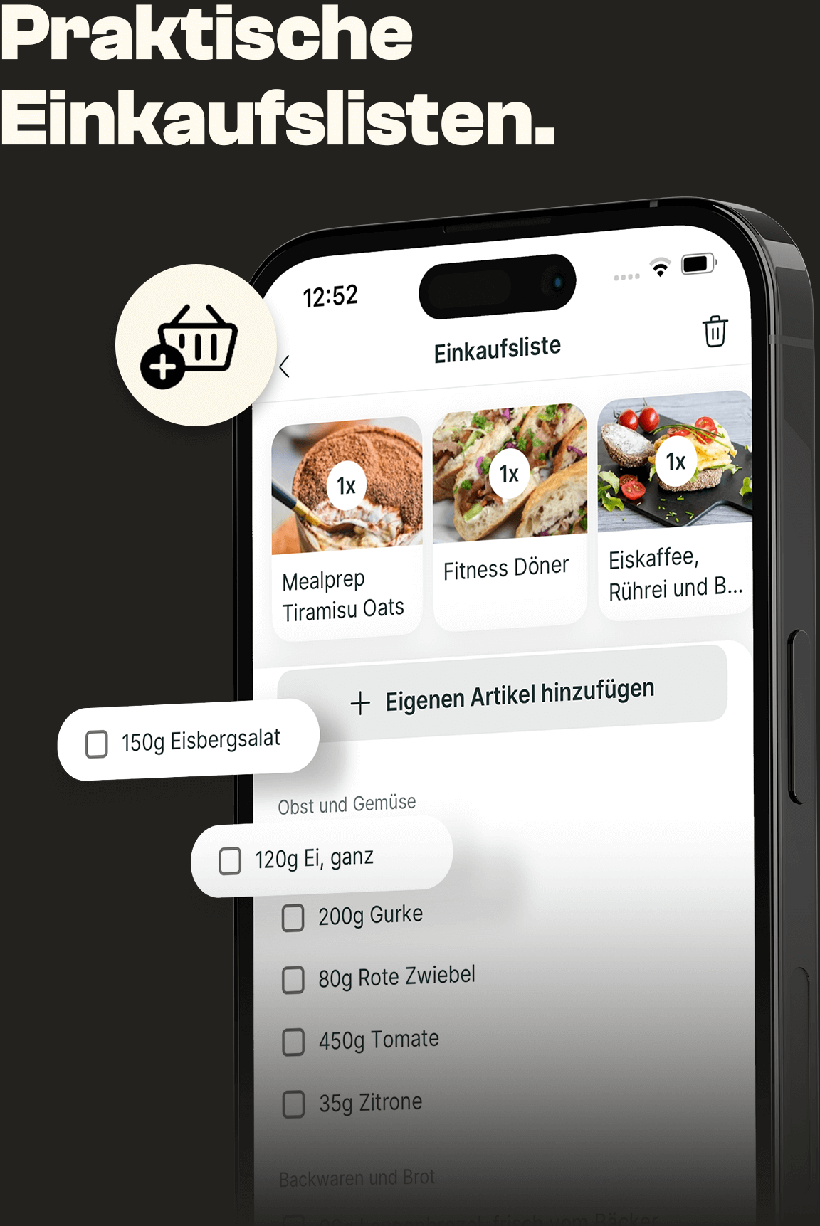 Abbildung der Coaching App von Jasmin. Es wird die praktische Einkaufsliste hervorgehoben