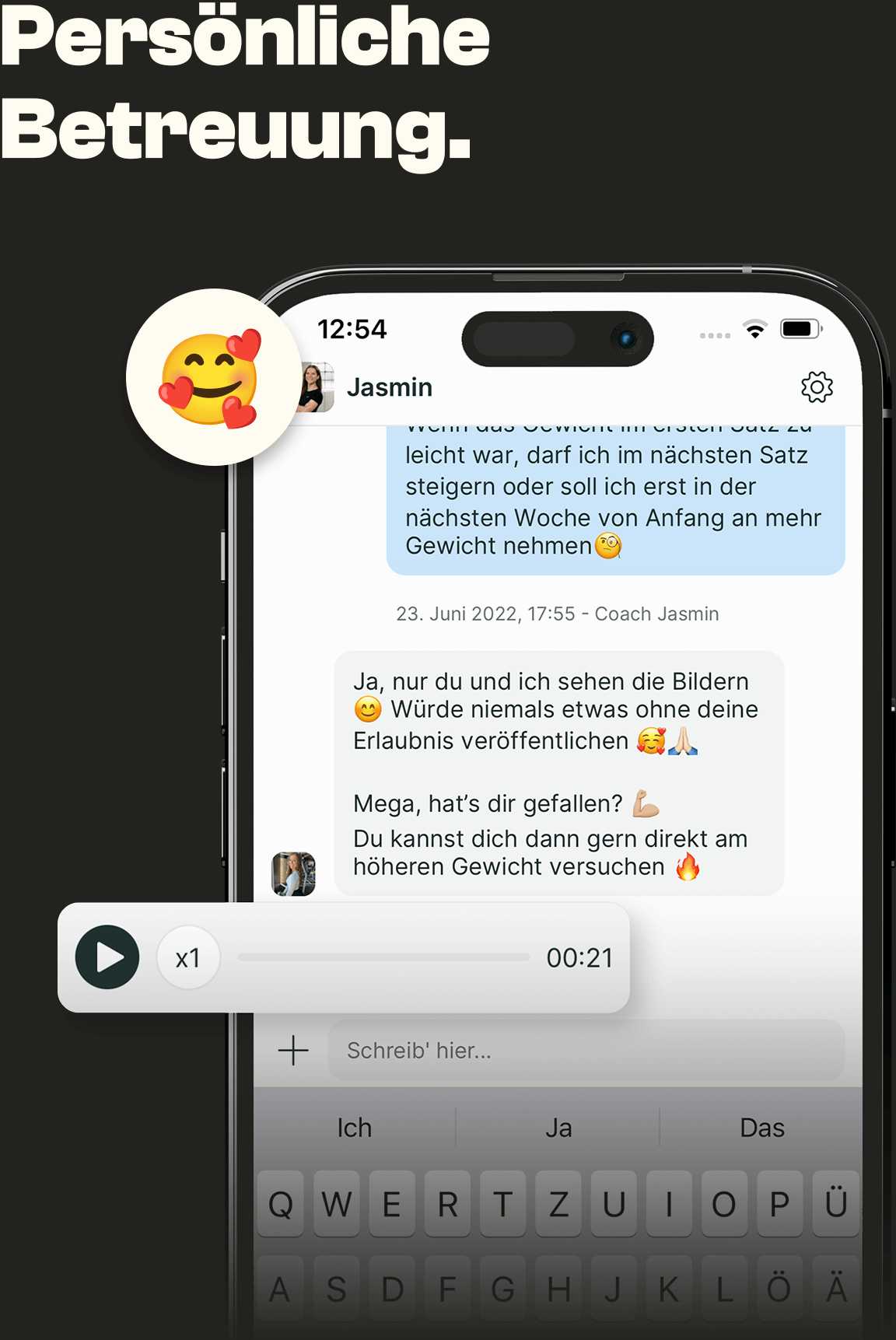 Abbildung der Coaching App von Jasmin. Es wird die Chatfunktion hervorgehoben
