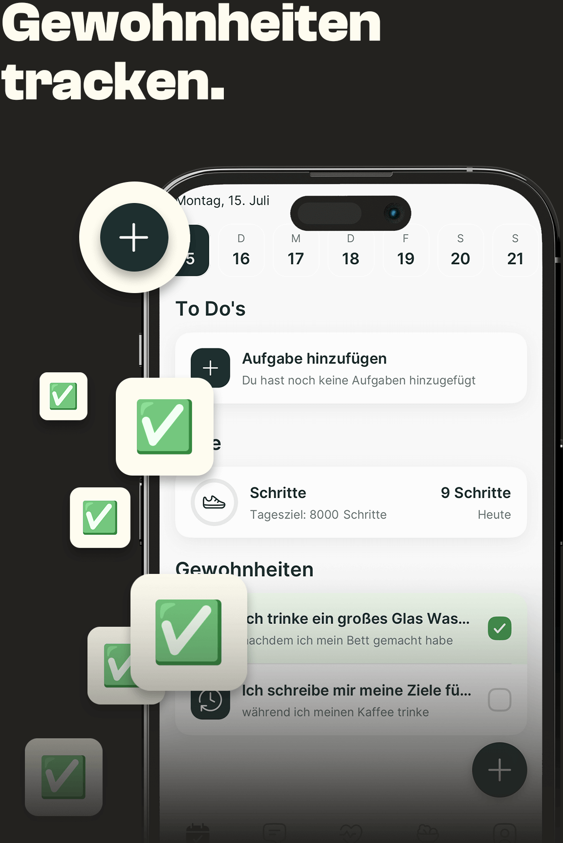 Abbildung der Coaching App von Jasmin. Es wird der Gewohnheitentracker hervorgehoben